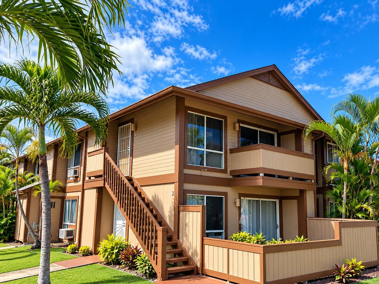 Two-story walk-up at Palm Villas II in ʻEwa Beach in tan siding with brown trim and an outside staircase