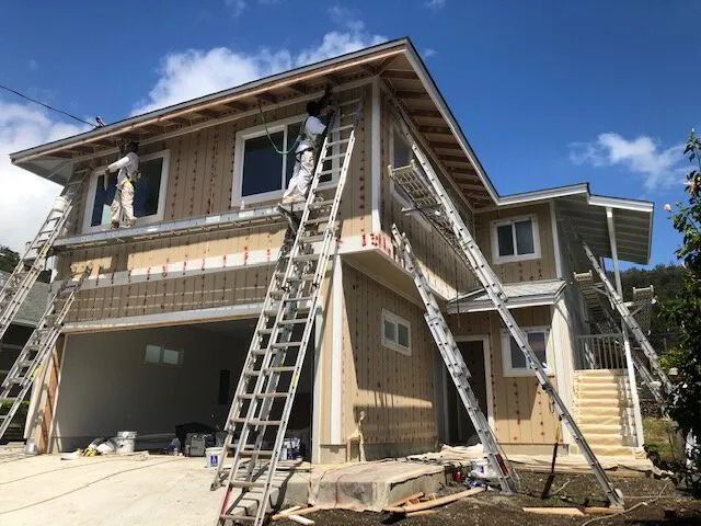 Two painters on ladders against a two-story house, its walls marked for repairs